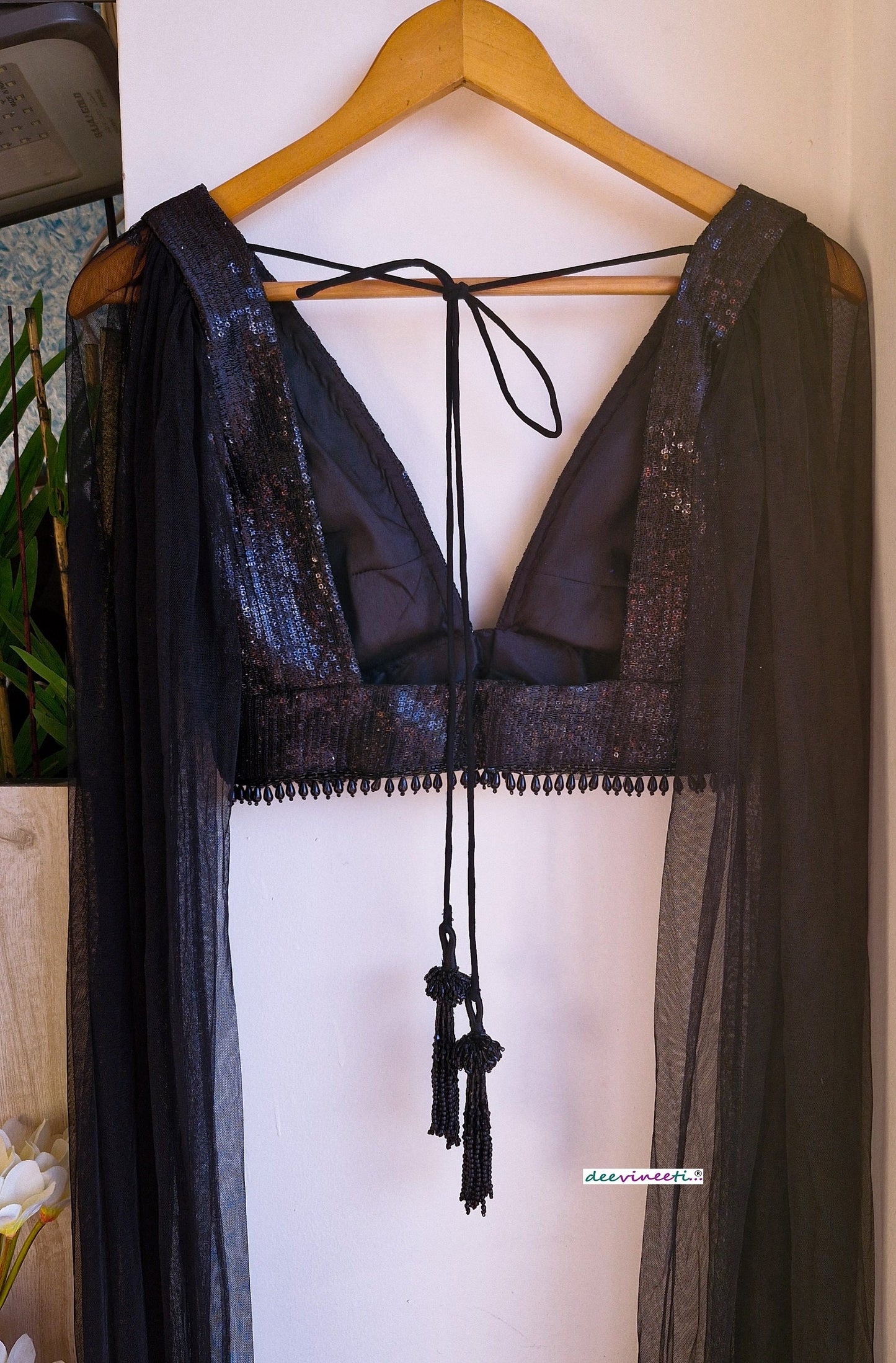 Black Sequins Embroidered Plunge Neck Cape Blouse DVBL_342