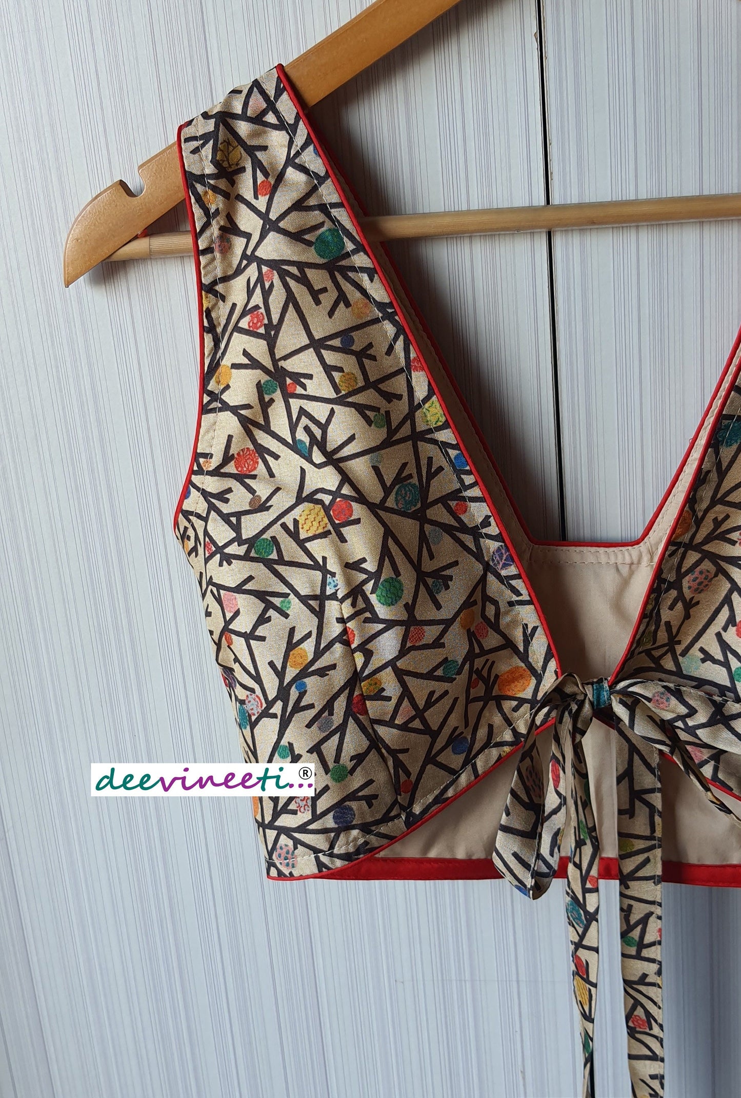 Beige Printed Khadi Silk Blouse Trapeze Neck Blouse DVBL_069