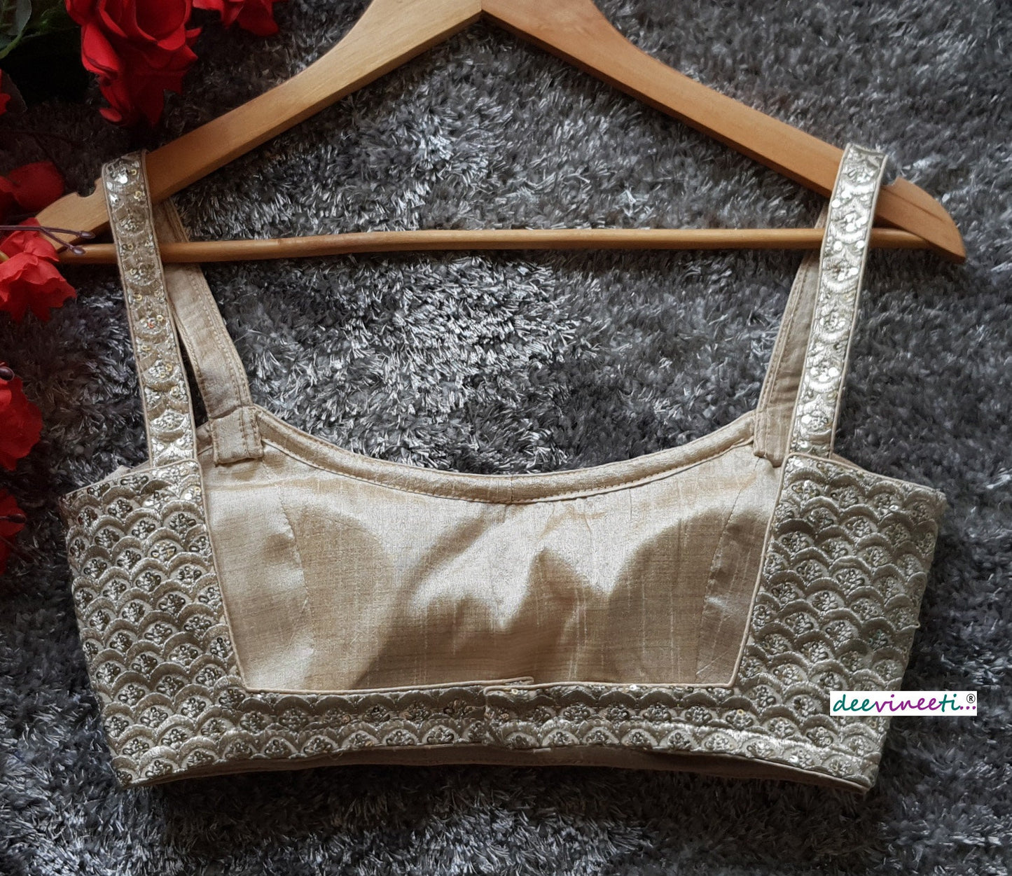 Light Gold Sequins Embroidered Spaghetti Blouse DVBL_106