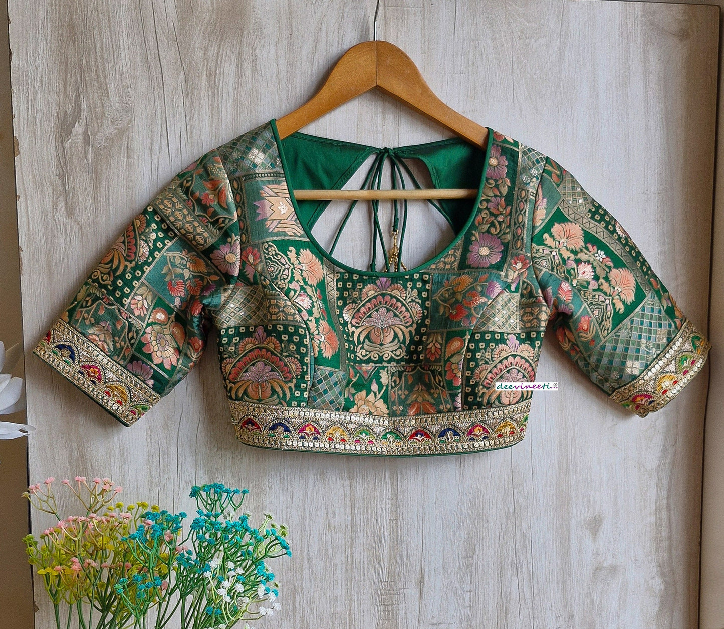 Green Jacquard Silk Round Scoop Neck Blouse DVBL_317