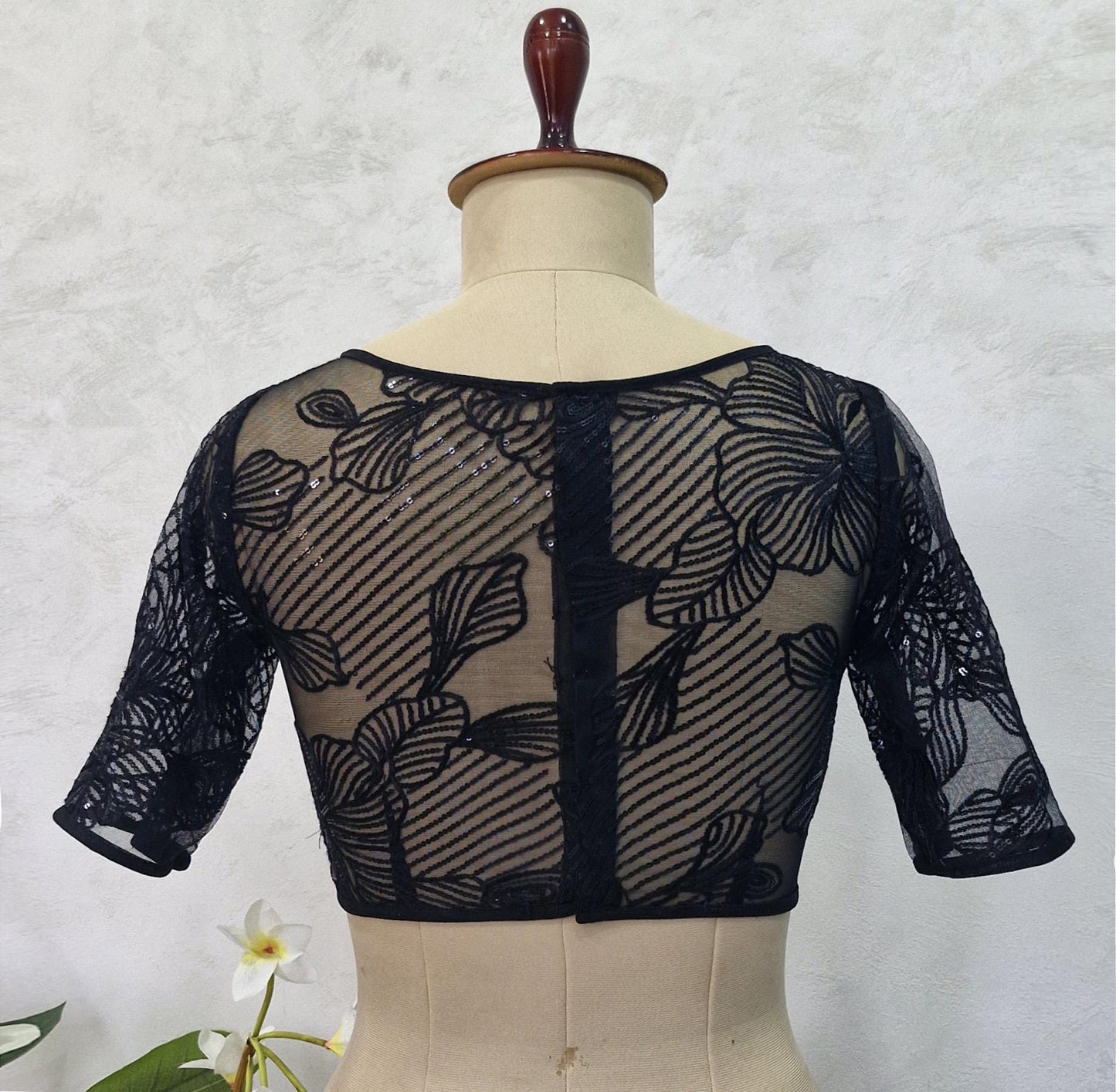 Embroidered Net Black Blouse with Sleeves DVBL_418