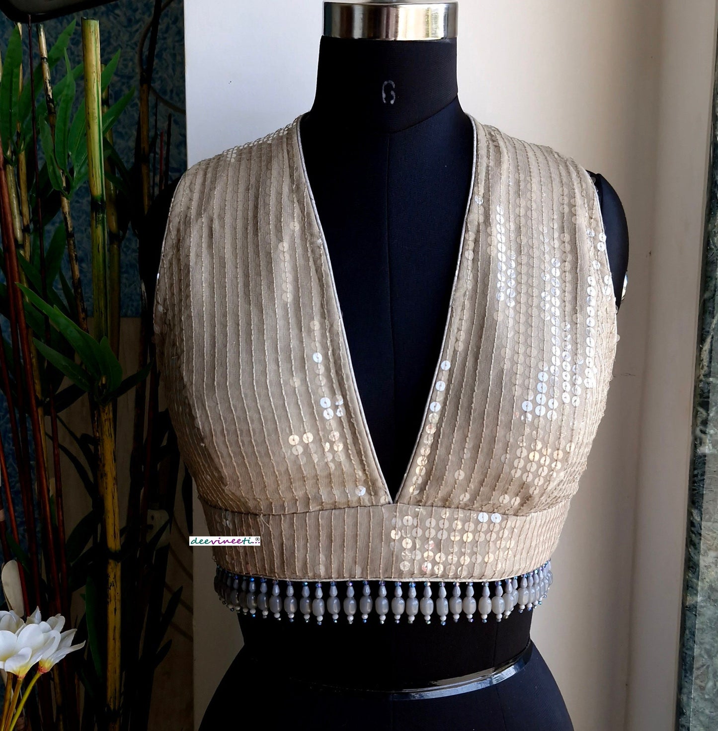 Grey Sequins Embroidered V Neck Blouse DVBL_340