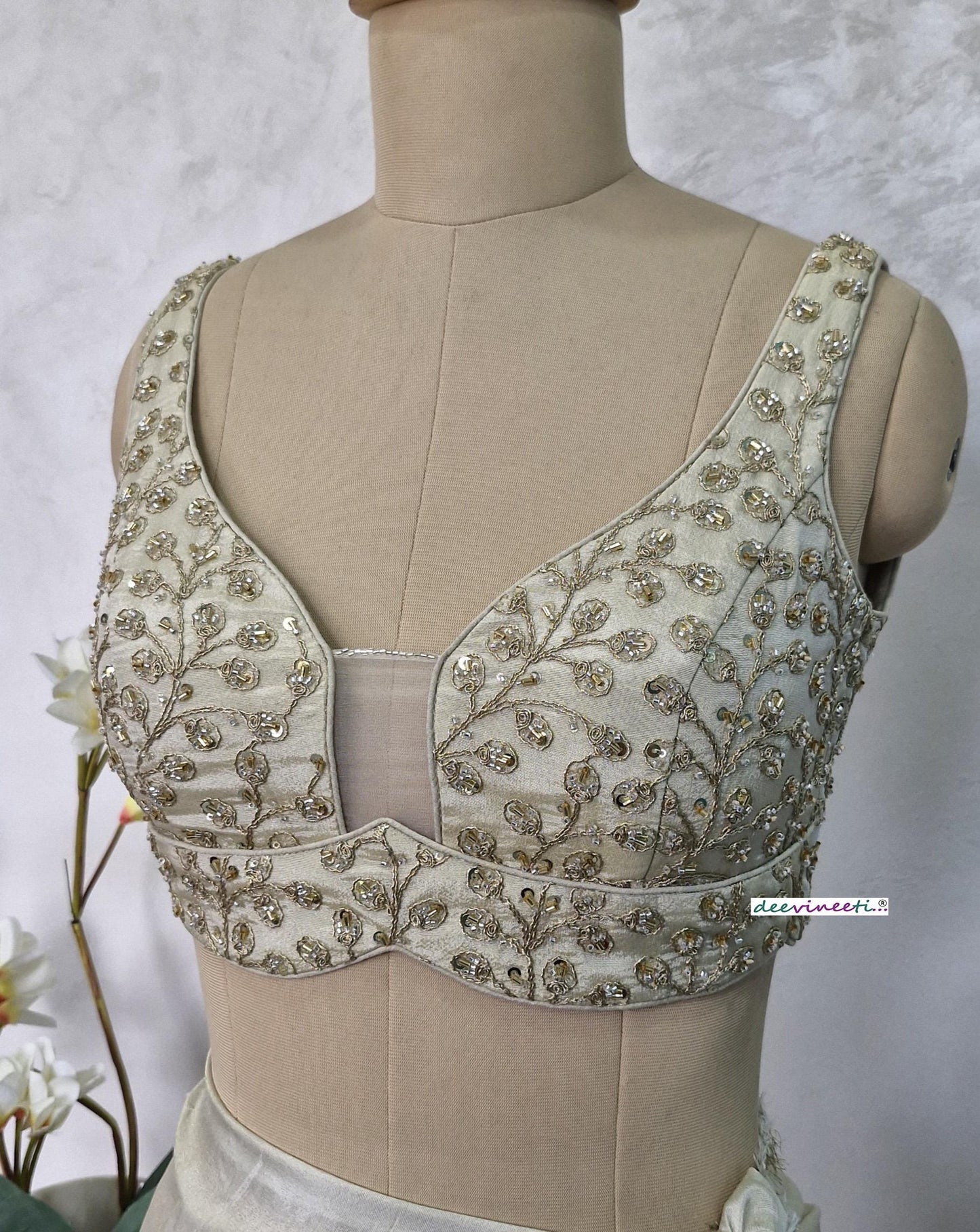 Cream Embroidered Tissue Silk Sweetheart Neck Blouse DVBL_404