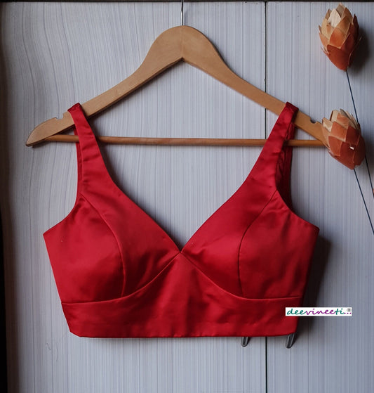 Red Satin Blouse Deep Sweetheart Neck Sleeveless DVBL_240