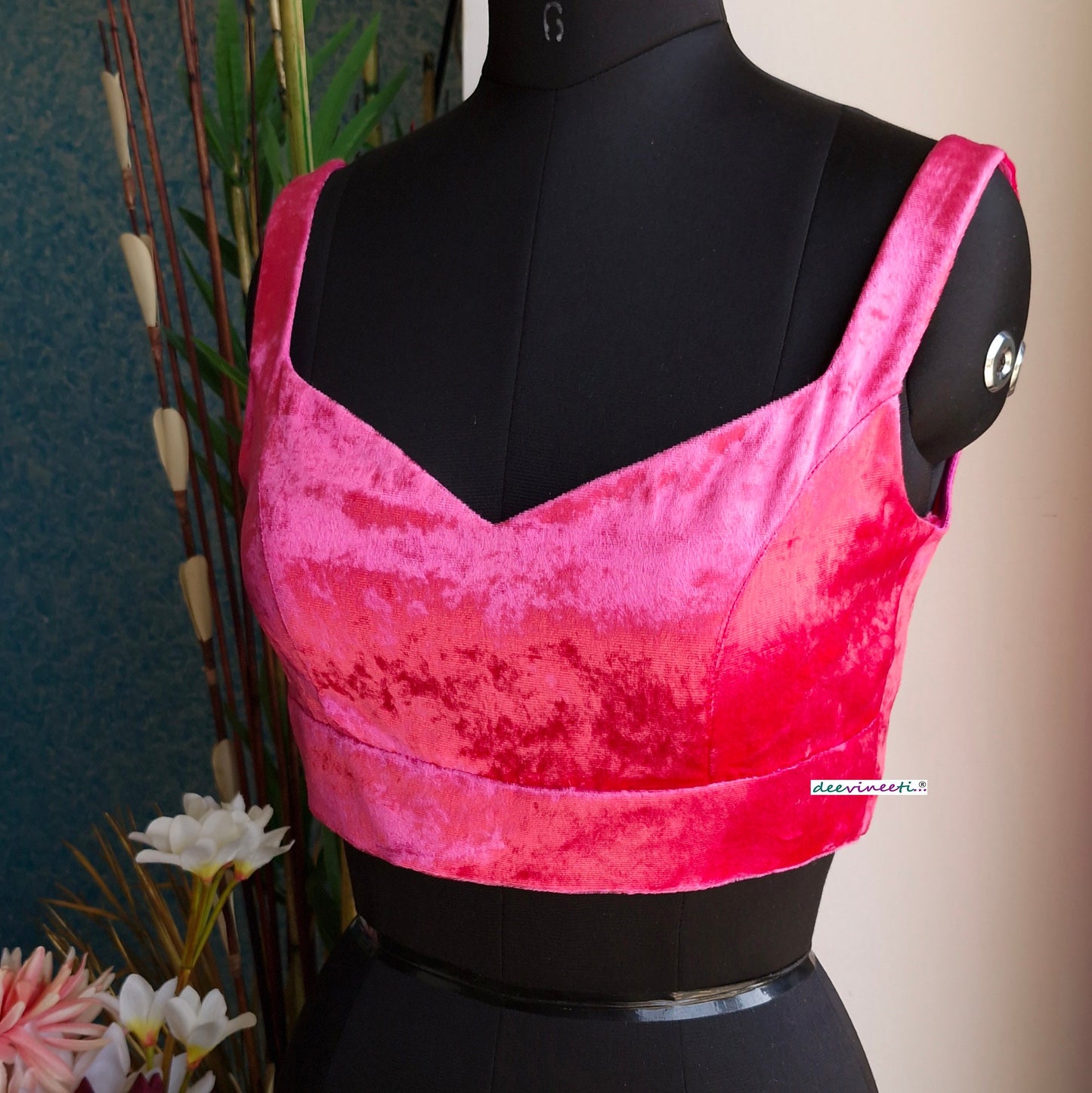 Hot Pink Viscose Velvet Semi Sweetheart Neck Blouse DVBL_334