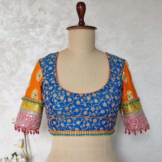 Blue and Orange Embroidered Silk  Blouse DVBL_456
