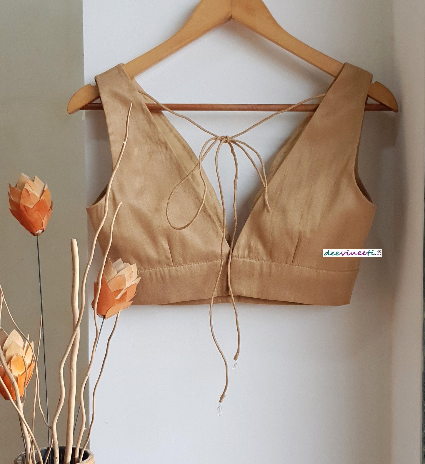 Raw Silk Blouse Plunge Neck Solid Blouse DVBL_273