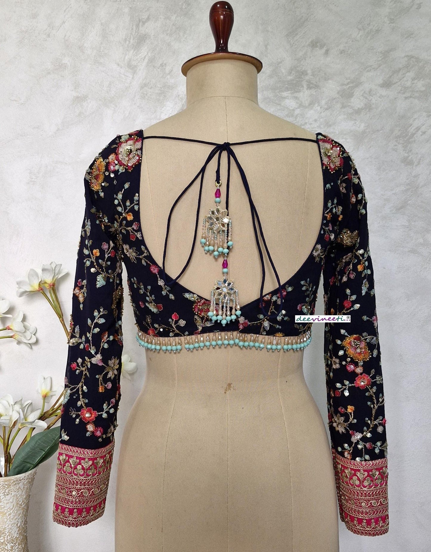 Deep Blue Embroidered Semi Sweetheart Neck Blouse DVBL_401