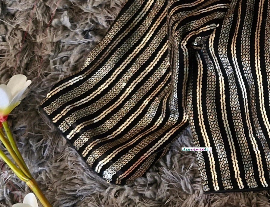 Black and Gold Sequins Embroidered Jewel Neck Blouse DVBL_350