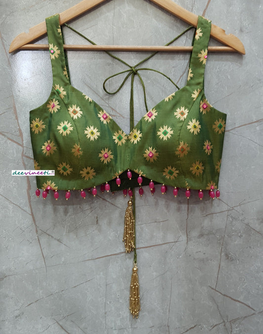 Green Brocade Silk Deep Sweetheart Neck Blouse DVBL_260