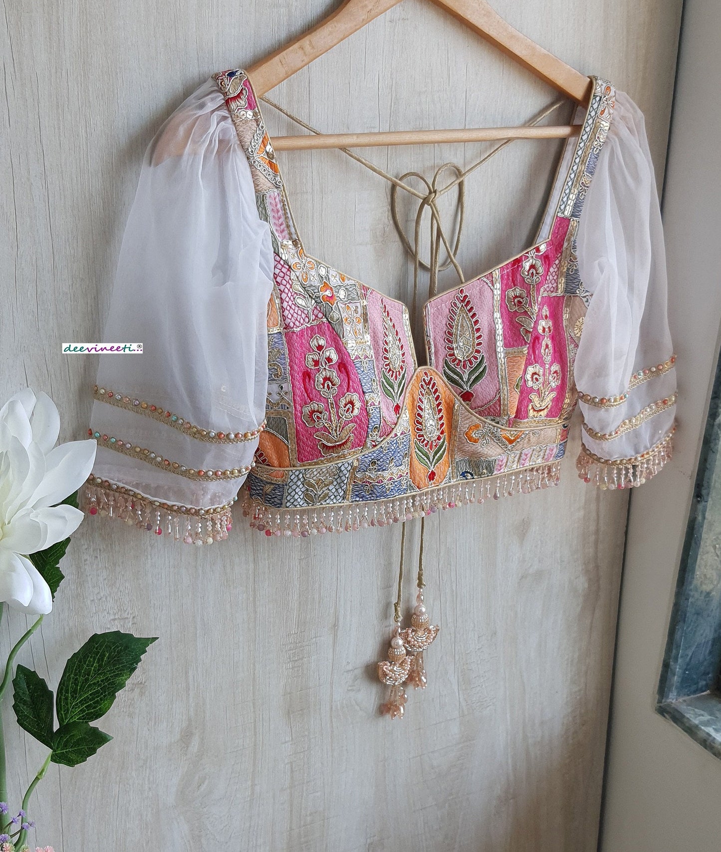 White Embroidered Deep Neck Puff Sleeves Blouse DVBL_300