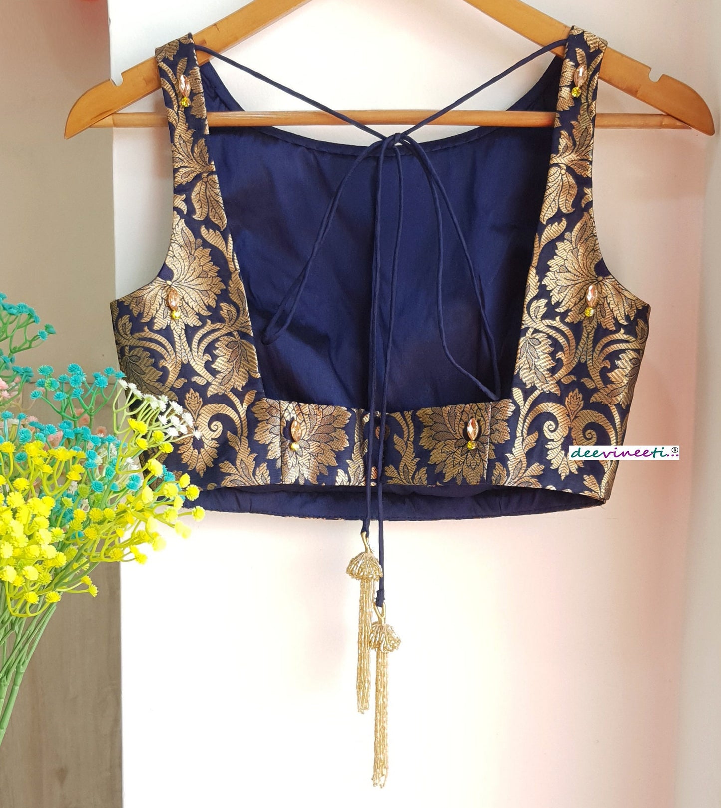 Deep Blue Brocade Blouse Sleeveless Boat Neck DVBL_127
