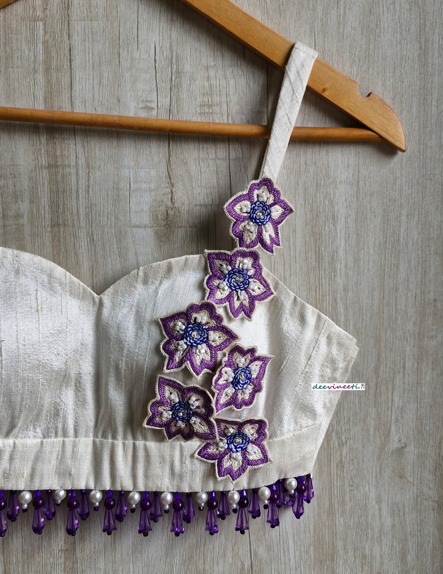 Ivory Hand Embroidered Pure Raw Silk Spaghetti Blouse DVBL_364