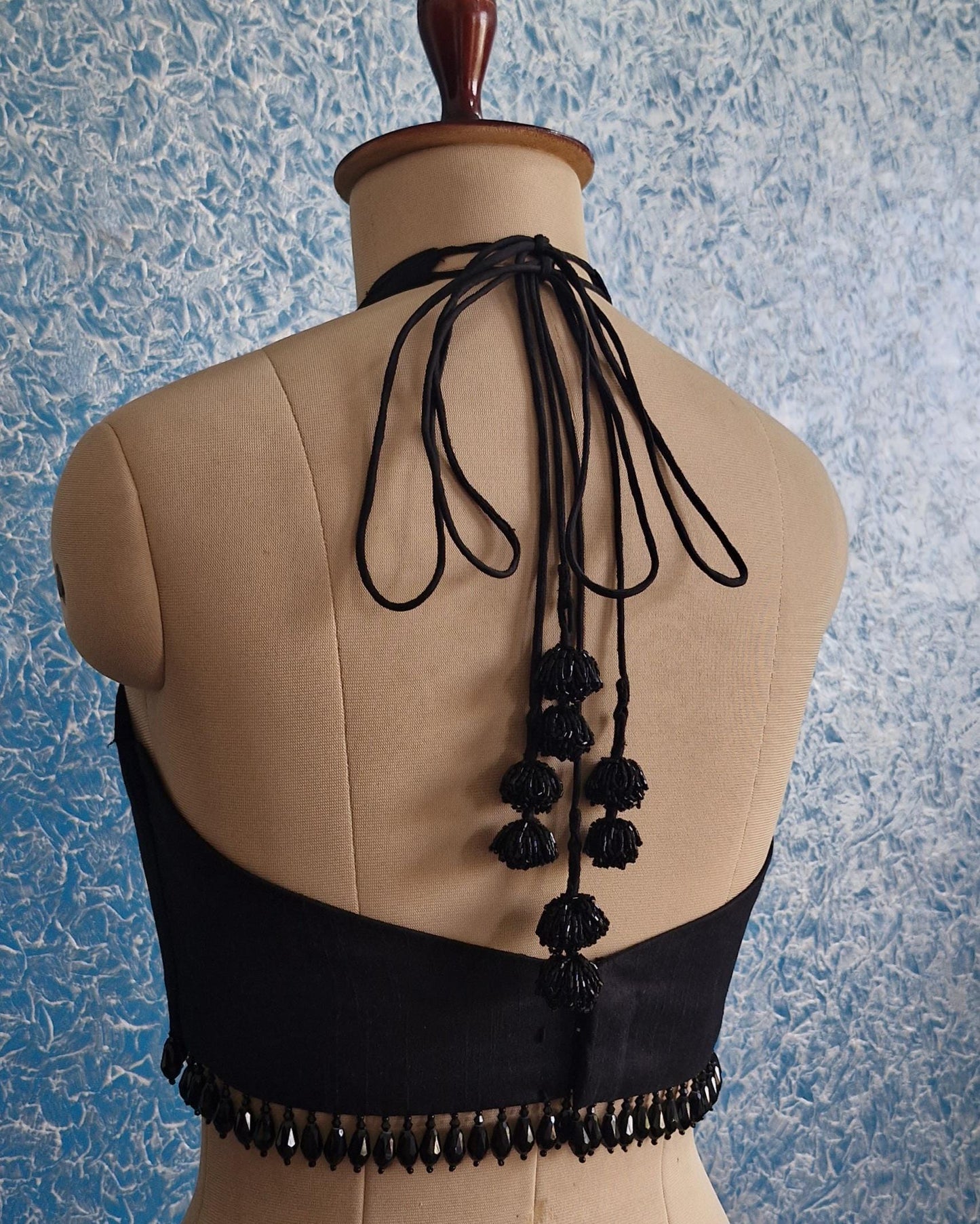 Black Raw Silk Blouse Deep Sweetheart Halter Neck  DVBL_430