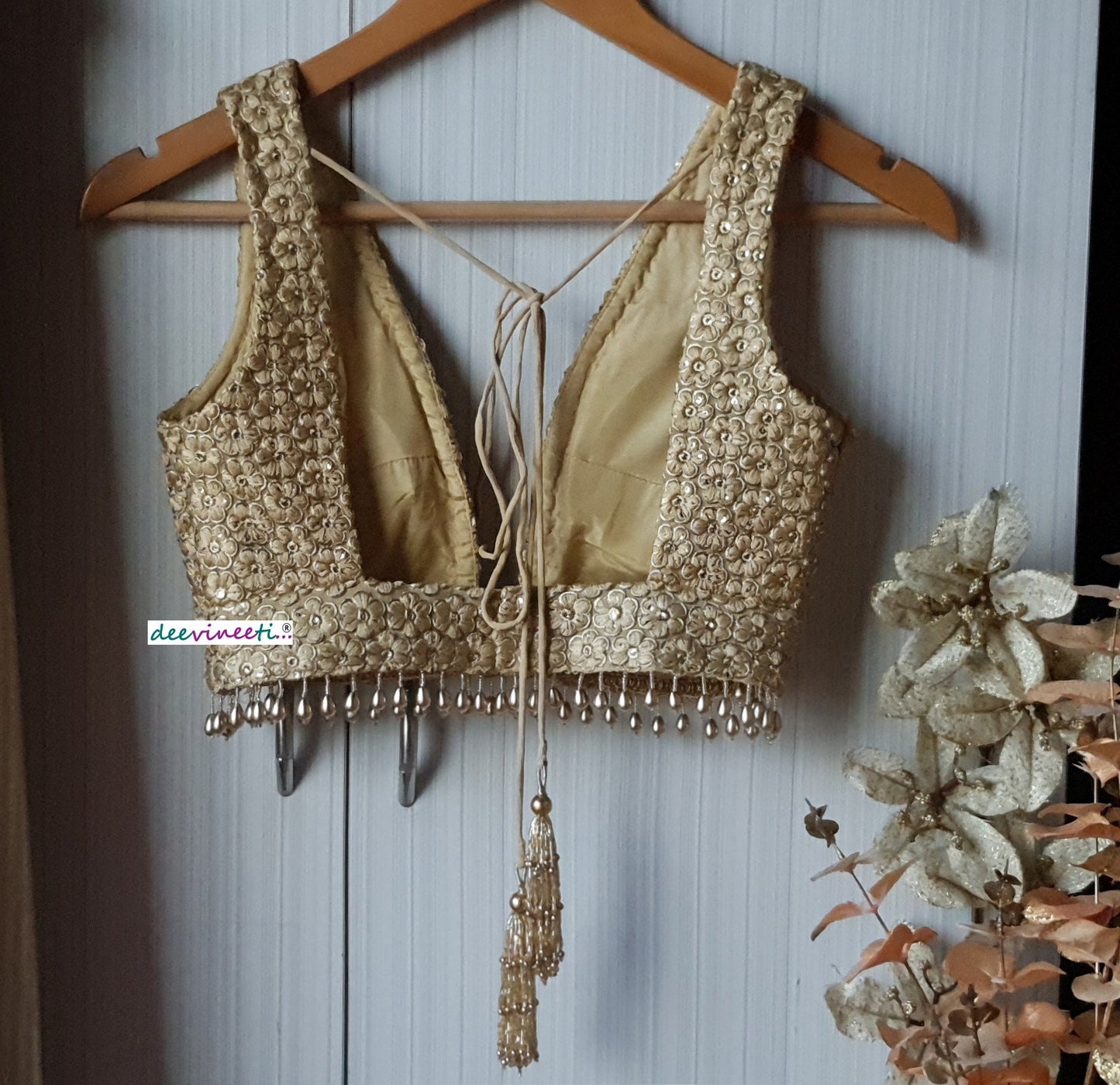 Embroidered Gold Plunge Neckline Blouse DVBL_139
