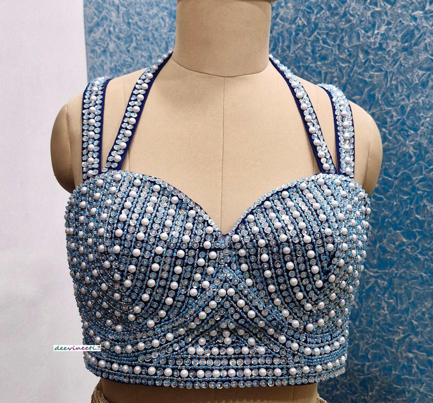 Beads and Sequins Hand Embroidered Blue Bustier Blouse DVBL_354