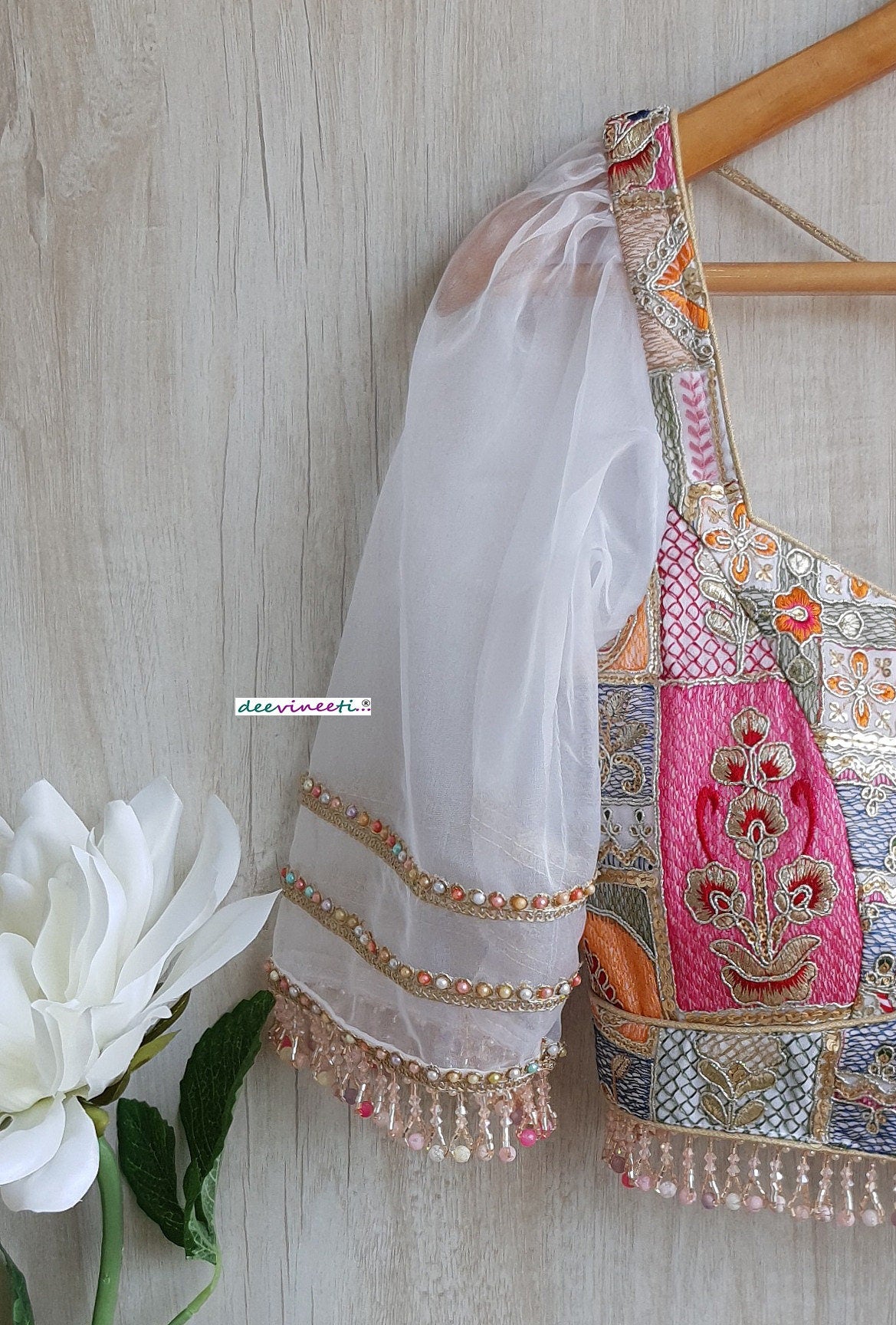 White Embroidered Deep Neck Puff Sleeves Blouse DVBL_300