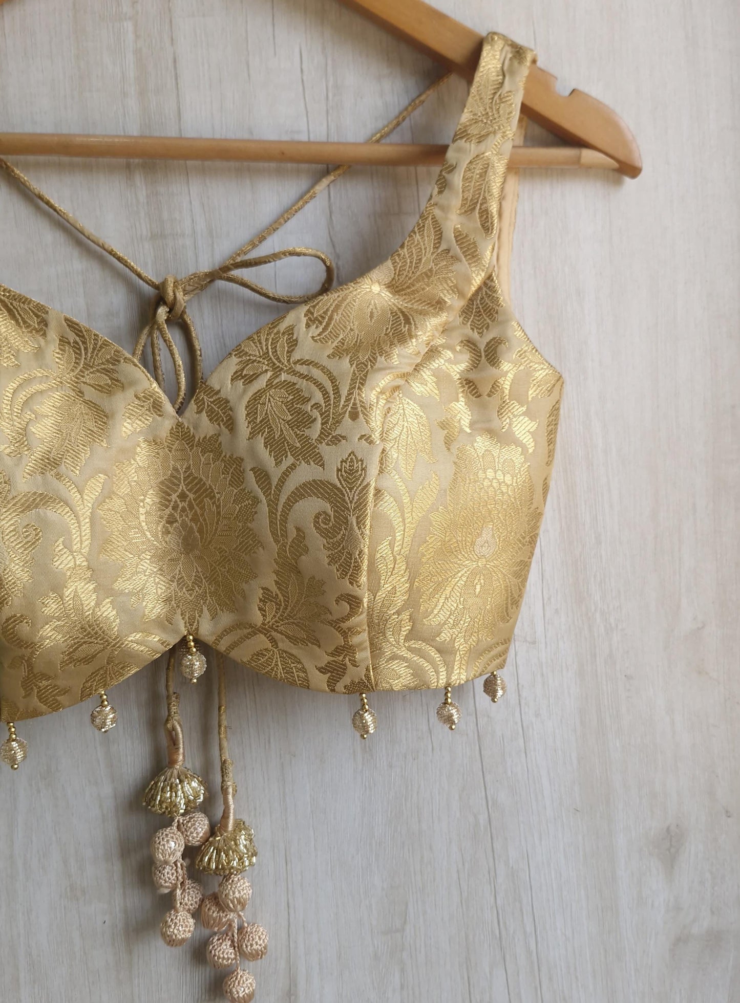 Gold Beige Banarasi Brocade Sweetheart Neck Blouse  DVBL_411