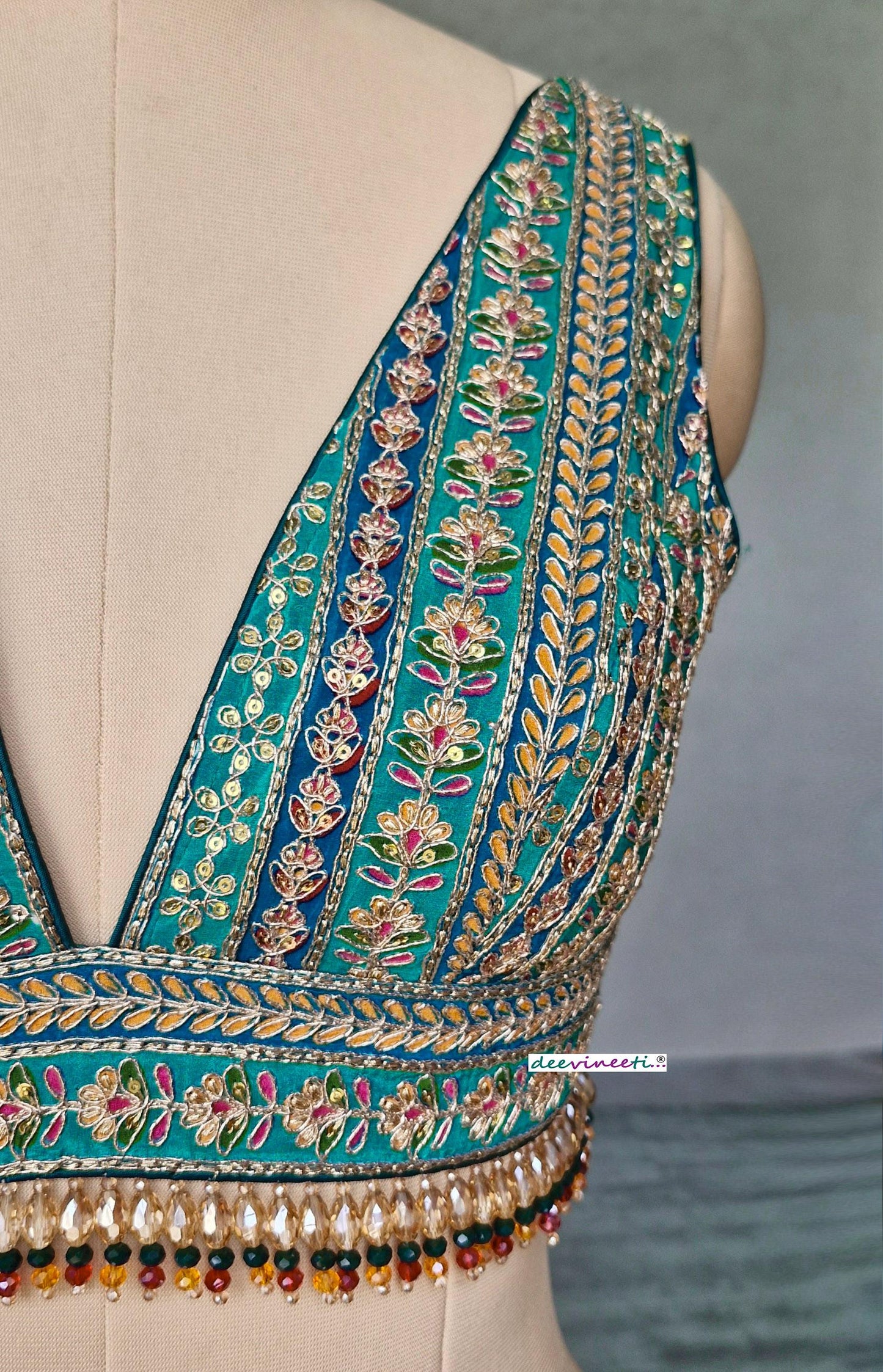 Green Embroidered Plunge Neckline Blouse DVBL_402
