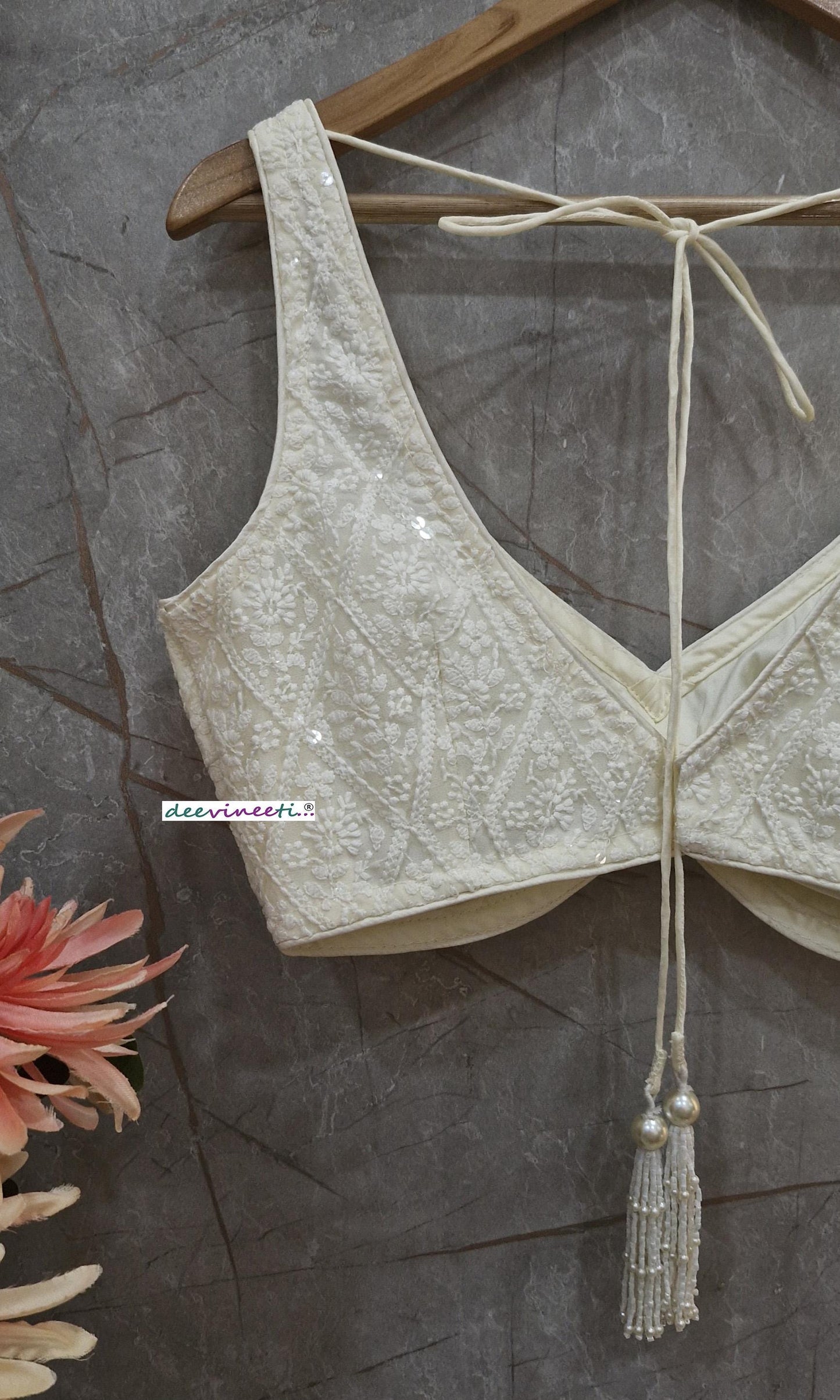 Egg White Embroidered V Neck Blouse DVBL_366