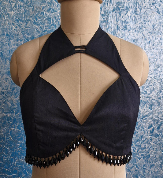 Black Raw Silk Blouse Deep Sweetheart Halter Neck  DVBL_430