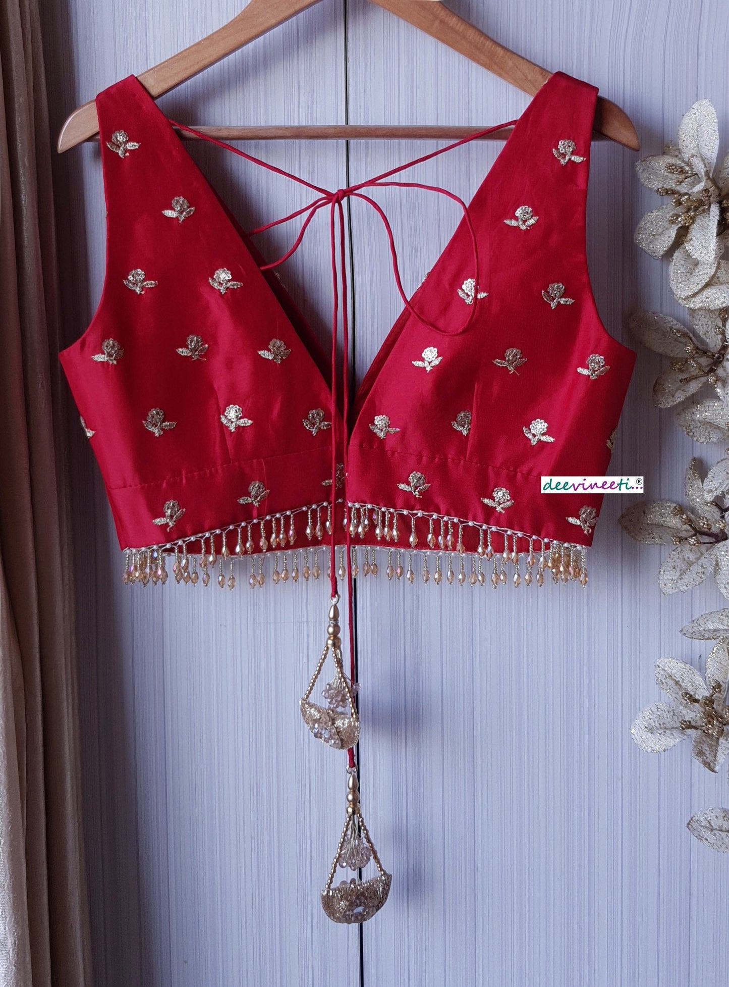 Red Embroidered Upada Silk Deep V Neck Blouse DVBL_170