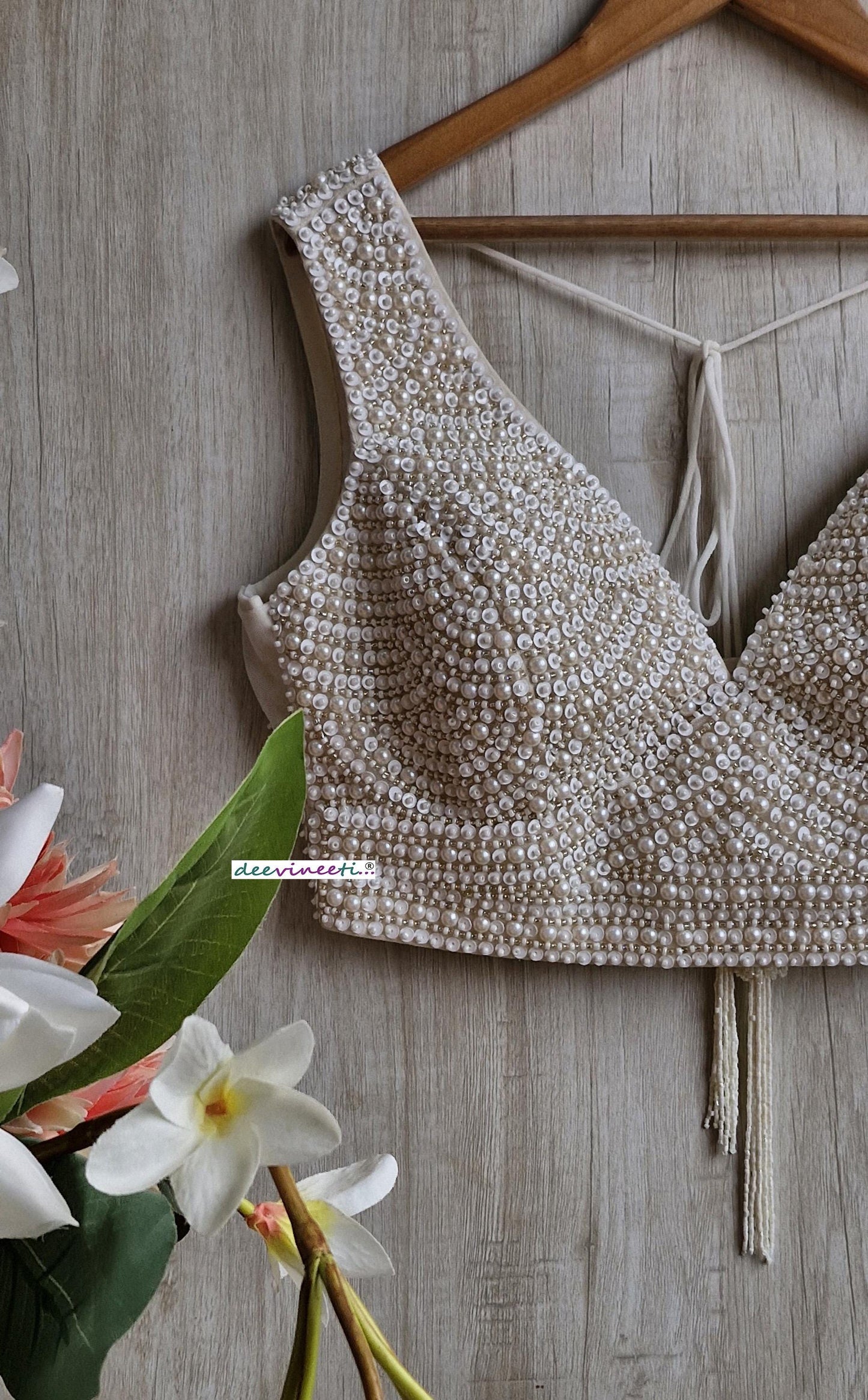 Beads and Sequins Hand Embroidered Ivory V Neck DVBL_385