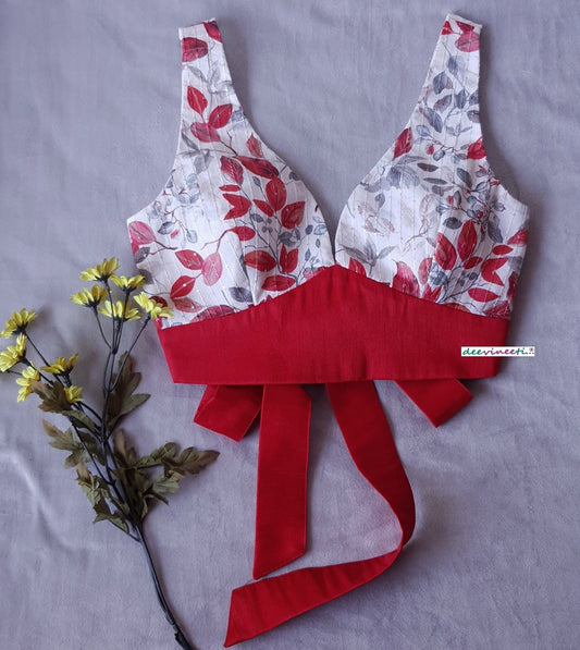 Floral Print Off White and Red Tie Blouse  DVBL_180