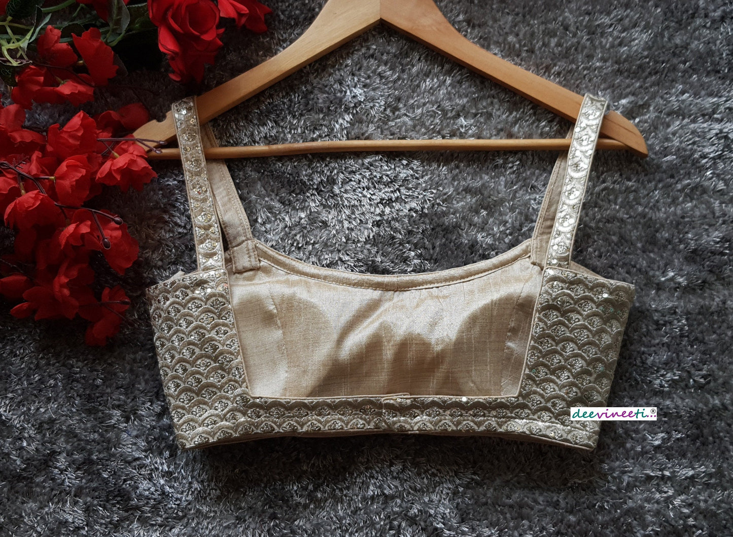 Light Gold Sequins Embroidered Spaghetti Blouse DVBL_106