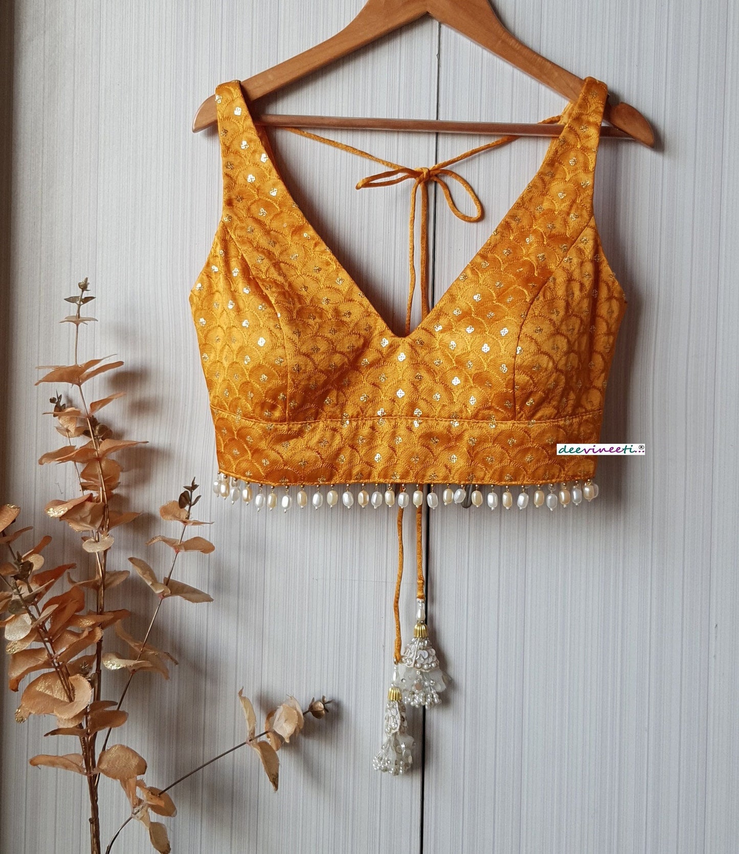 Mustard Embroidered Gajji Silk Deep V Neck Blouse DVBL_209