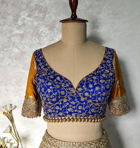 Embroidered Royal Blue and Mustard Blouse Sweetheart Neck DVBL_447