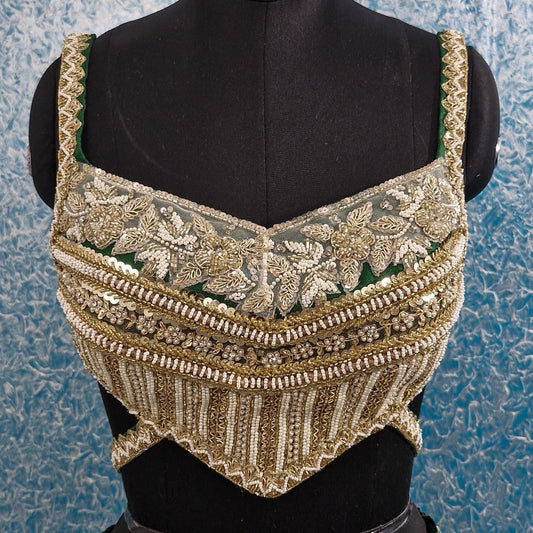 Hand Embroidered Green Raw Silk Backless Blouse DVBL_433