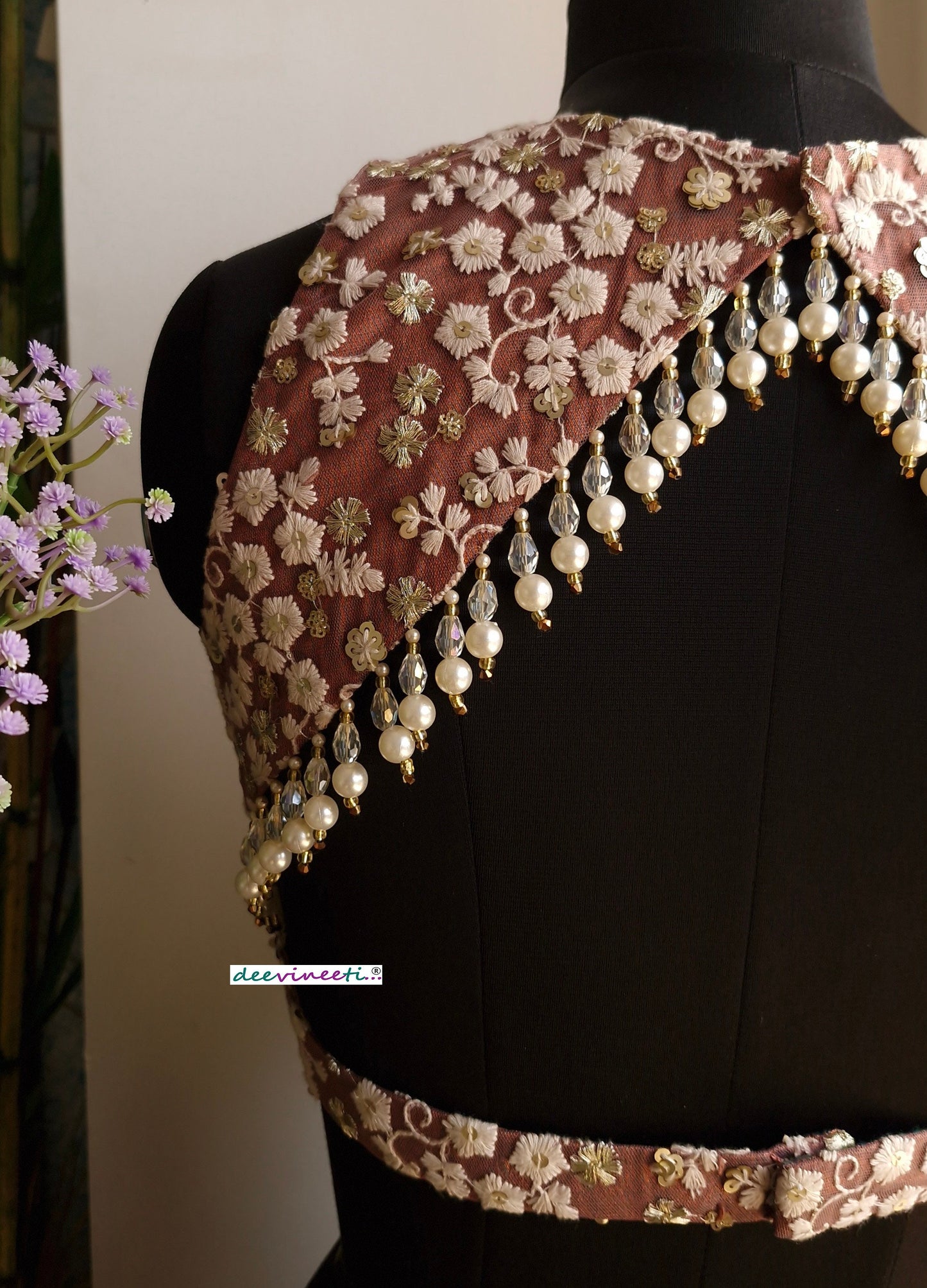 Mauve Brown Embroidered Jewel Neck Backless Blouse DVBL_335
