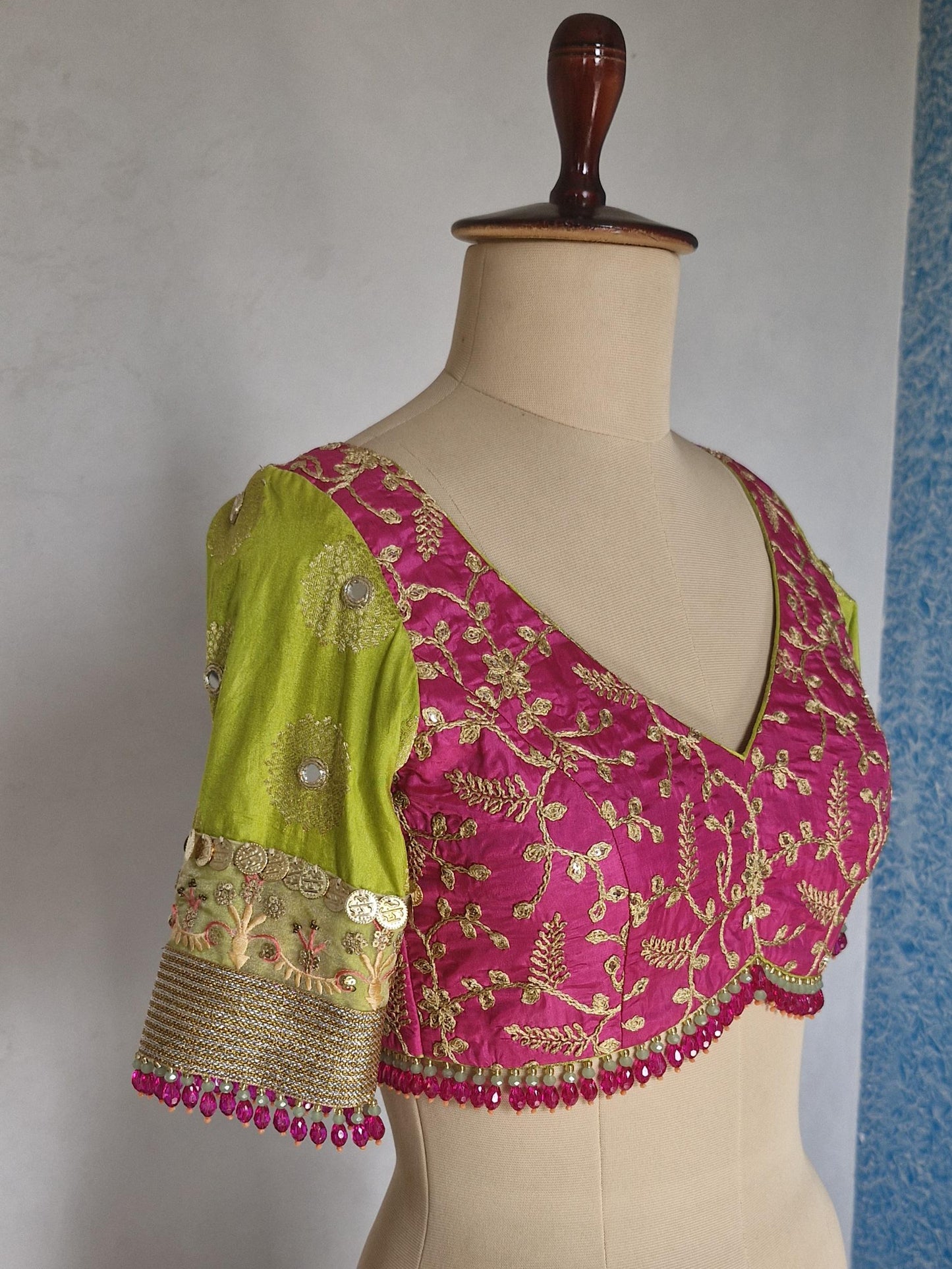 Embroidered Silk Pink and Lime Green Blouse DVBL_455