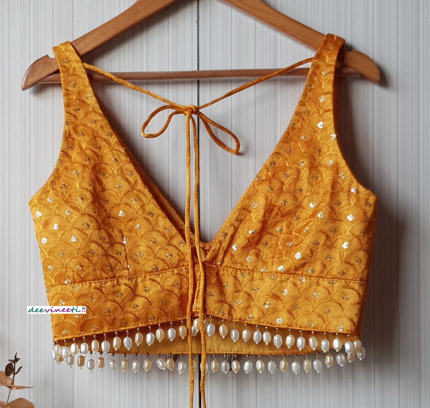 Mustard Embroidered Gajji Silk Deep V Neck Blouse DVBL_209