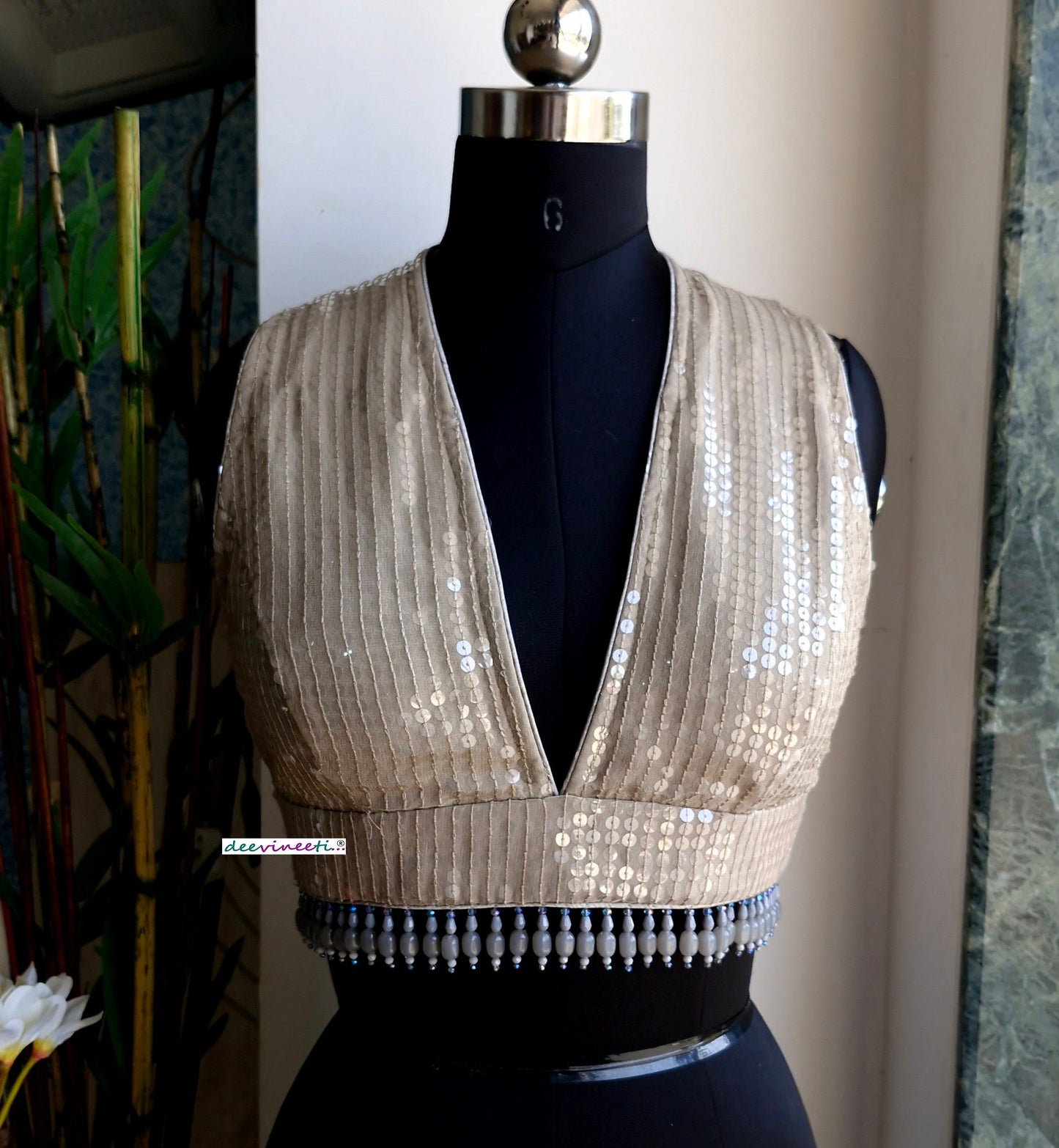 Grey Sequins Embroidered V Neck Blouse DVBL_340