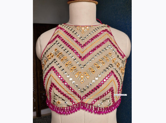 Beige Chevron Embroidered  Halter Neck Blouse DVBL_367