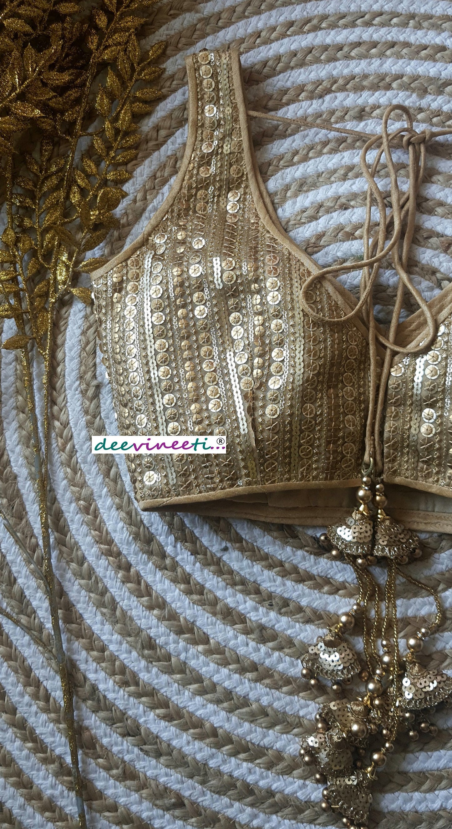 Gold Sequins Embroidered Deep V Neck Blouse DVBL_126