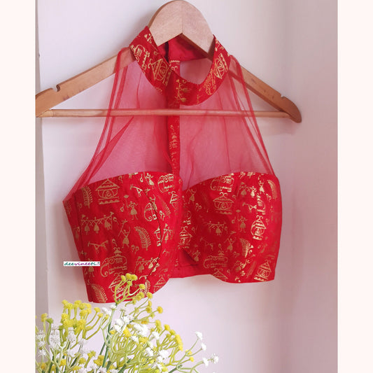 Red Brocade Silk and Net Halter Blouse DVBL_296