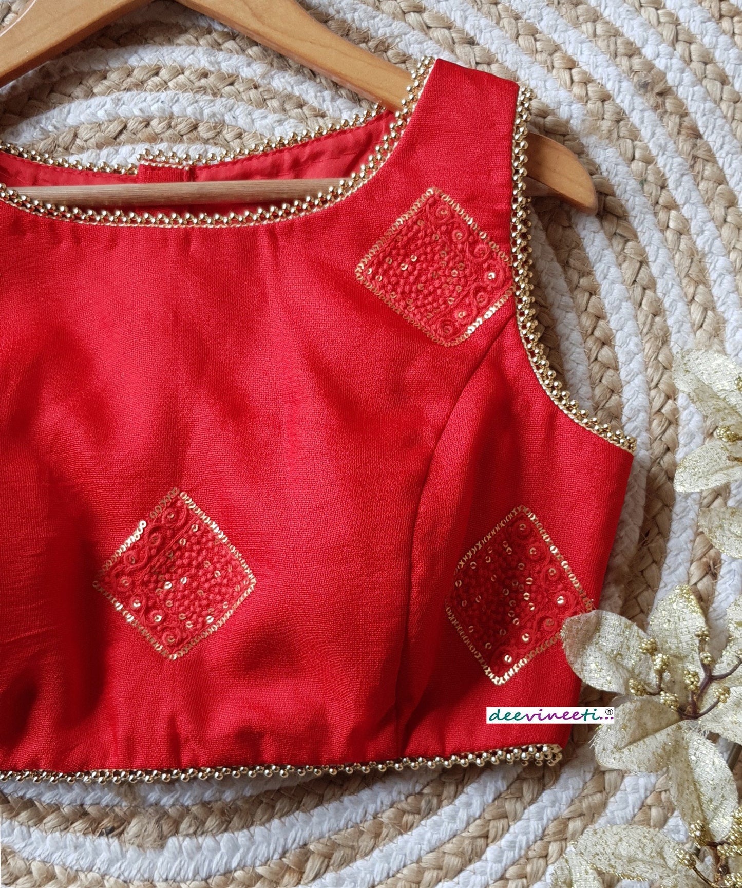 Red Jute Silk Boat Neck Blouse DVBL_212