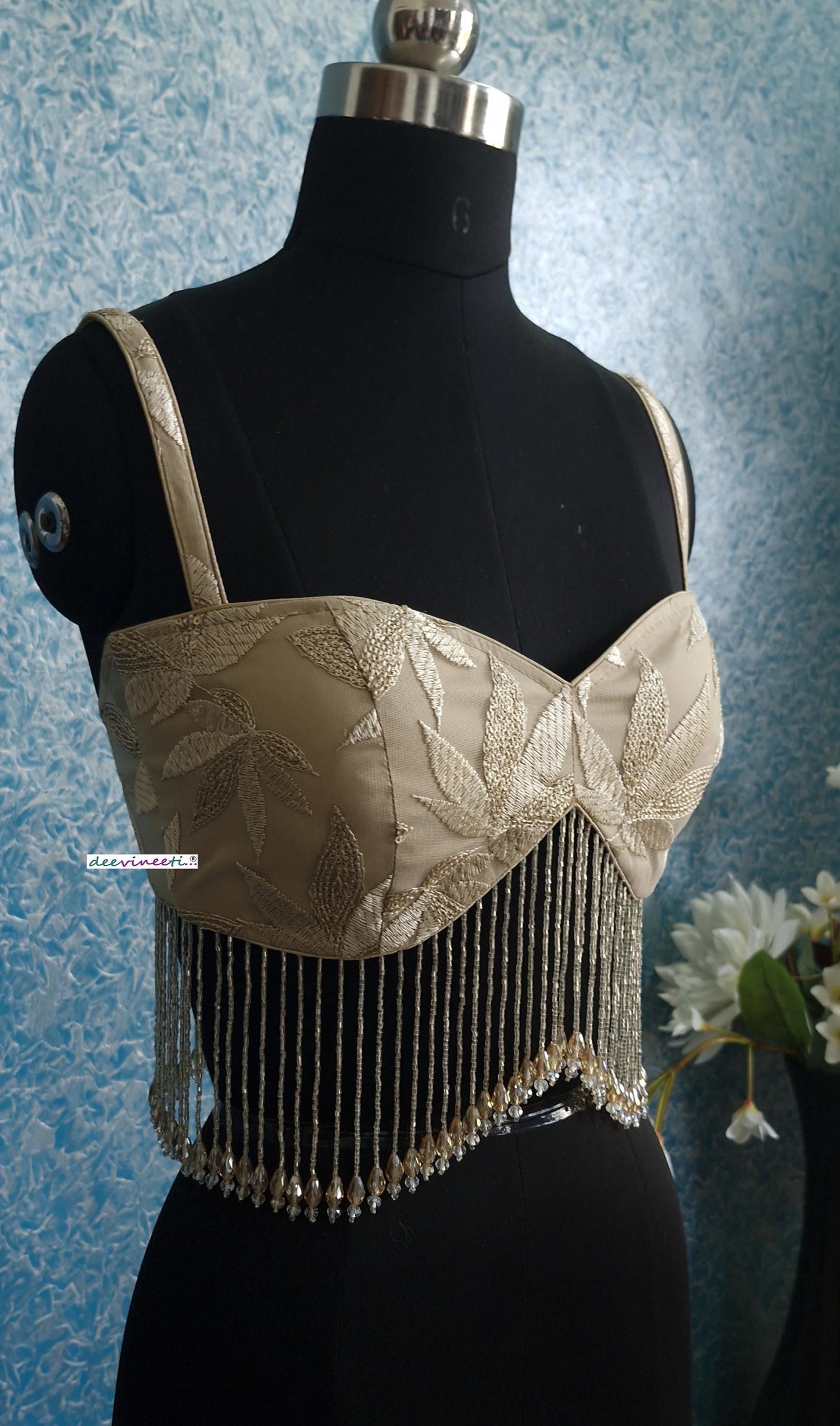 Beige Embroidered Net Spaghetti Blouse with Beads Fringes DVBL_389