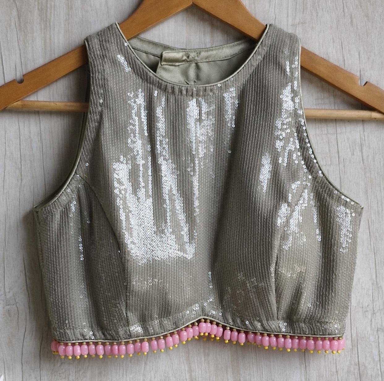 Sequins Embroidered Greenish Grey Blouse DVBL_453