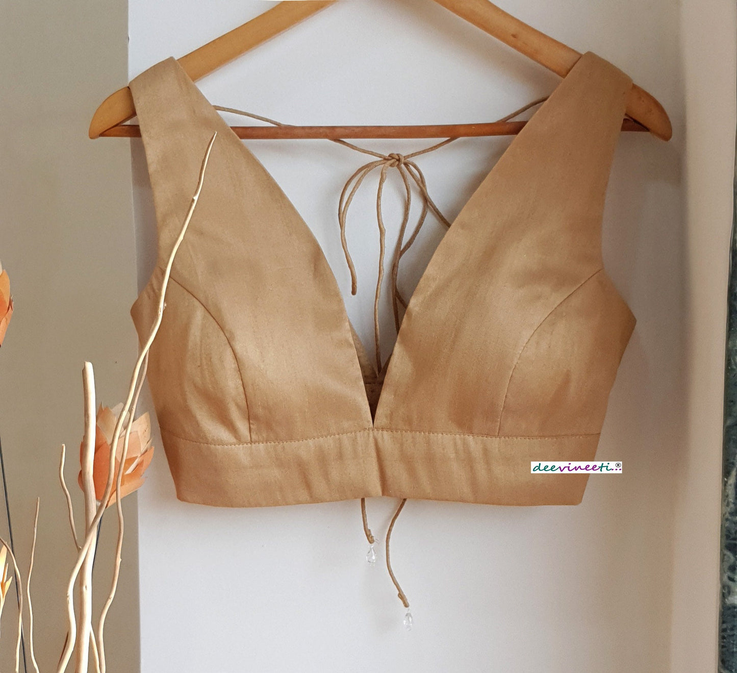 Raw Silk Blouse Plunge Neck Solid Blouse DVBL_273