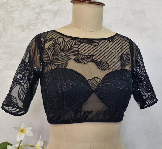 Embroidered Net Black Blouse with Sleeves DVBL_418