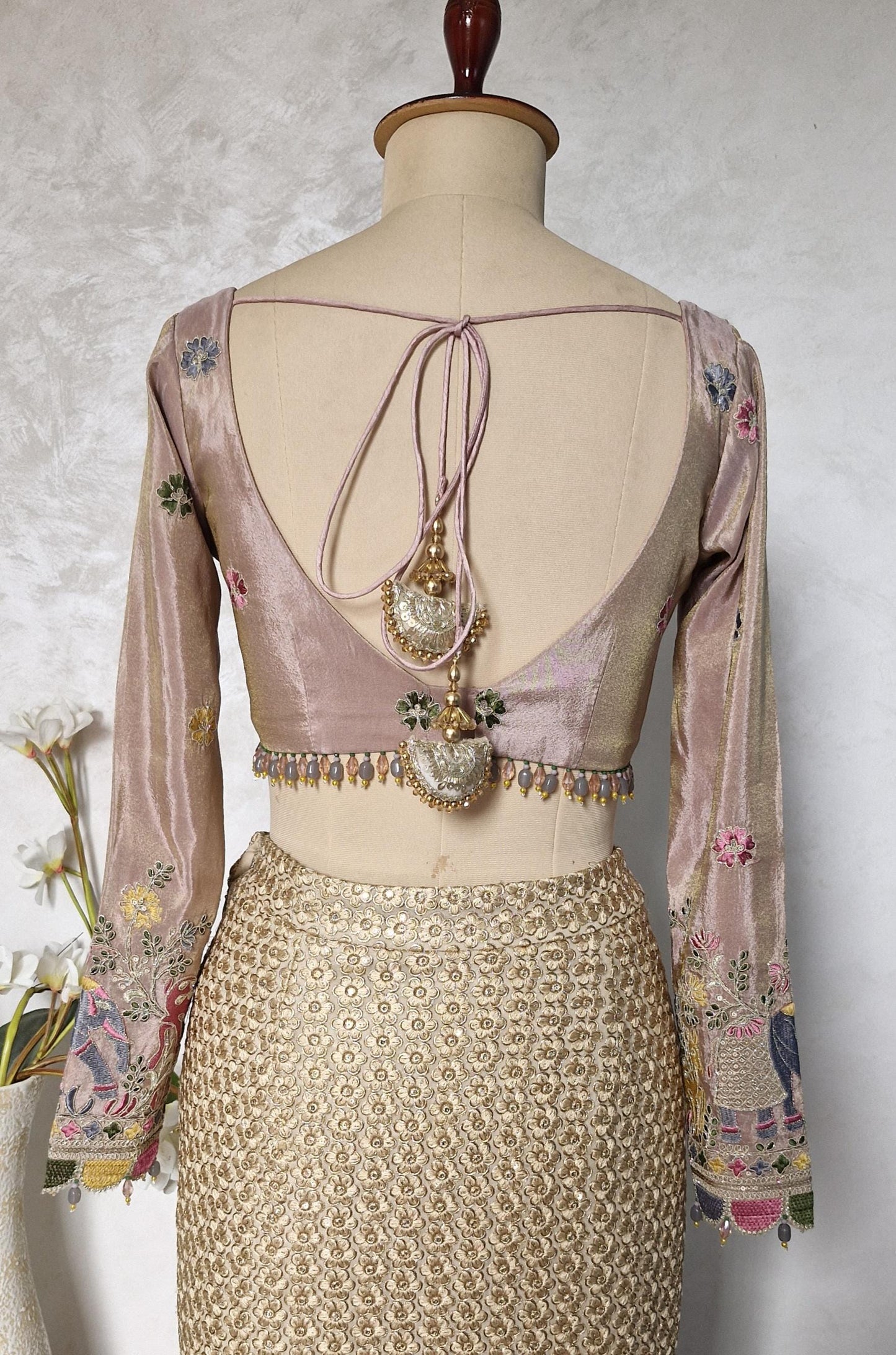Dusty Rose Pink Embroidered Tissue Silk Blouse  DVBL_442