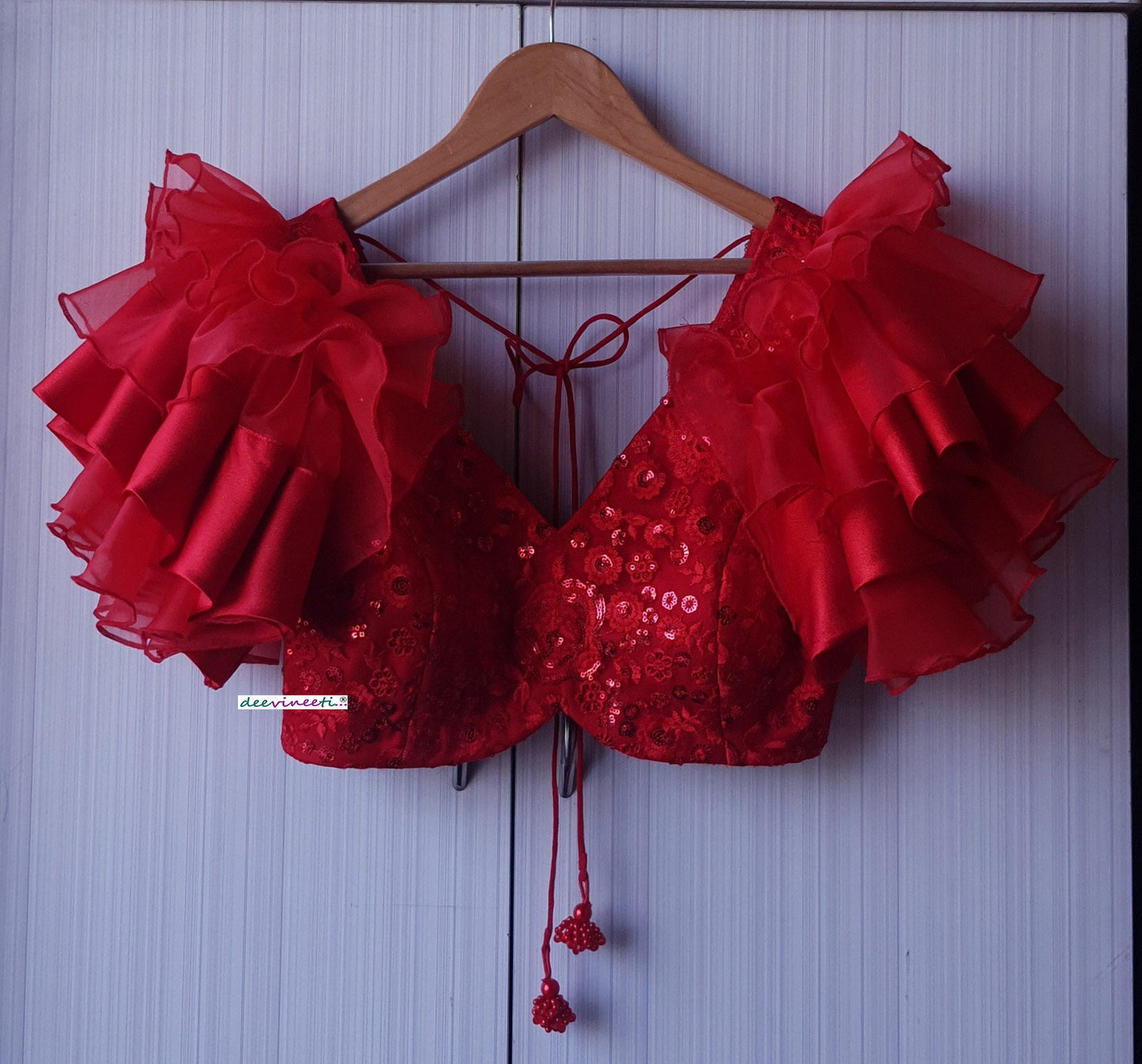 Red Embroidered  Deep V Neck Ruffled Sleeves Blouse DVBL_183