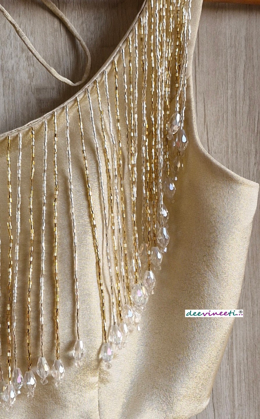 Light Gold Tissue Silk Round Neck with Fringes Blouse DVBL_353.