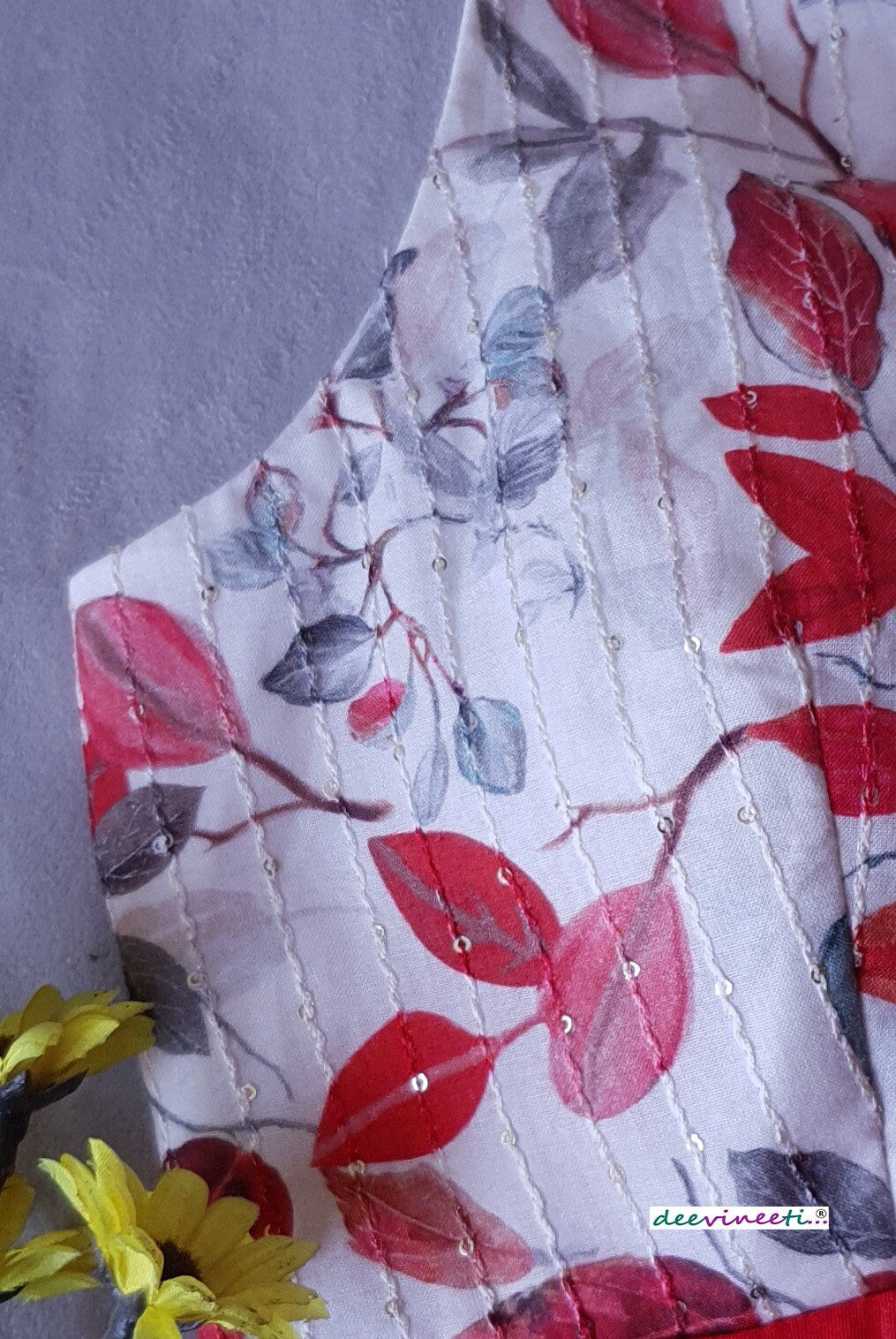 Floral Print Off White and Red Tie Blouse  DVBL_180