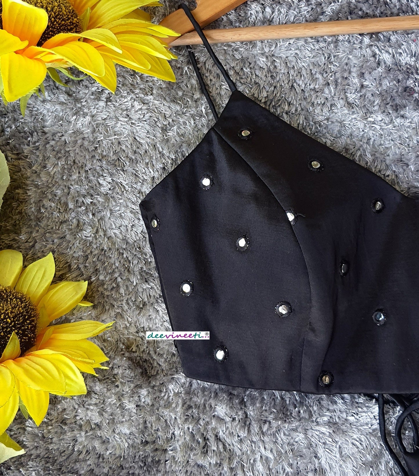 Designer Black Satin Silk Blouse Deep V Spaghetti DVBL_216