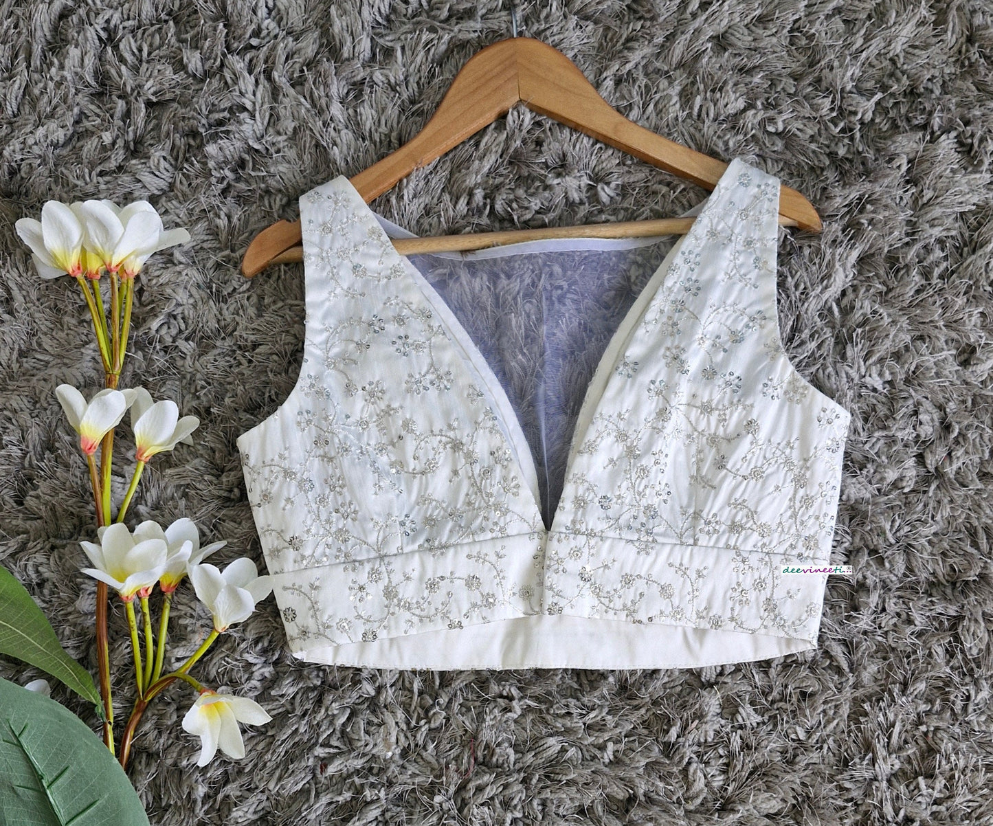 White Embroidered Silk Boat Neck Blouse DVBL_344